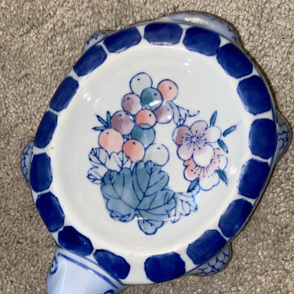 Pier‎ 1 Ceramic Blue Floral Turtle Trinket Dish